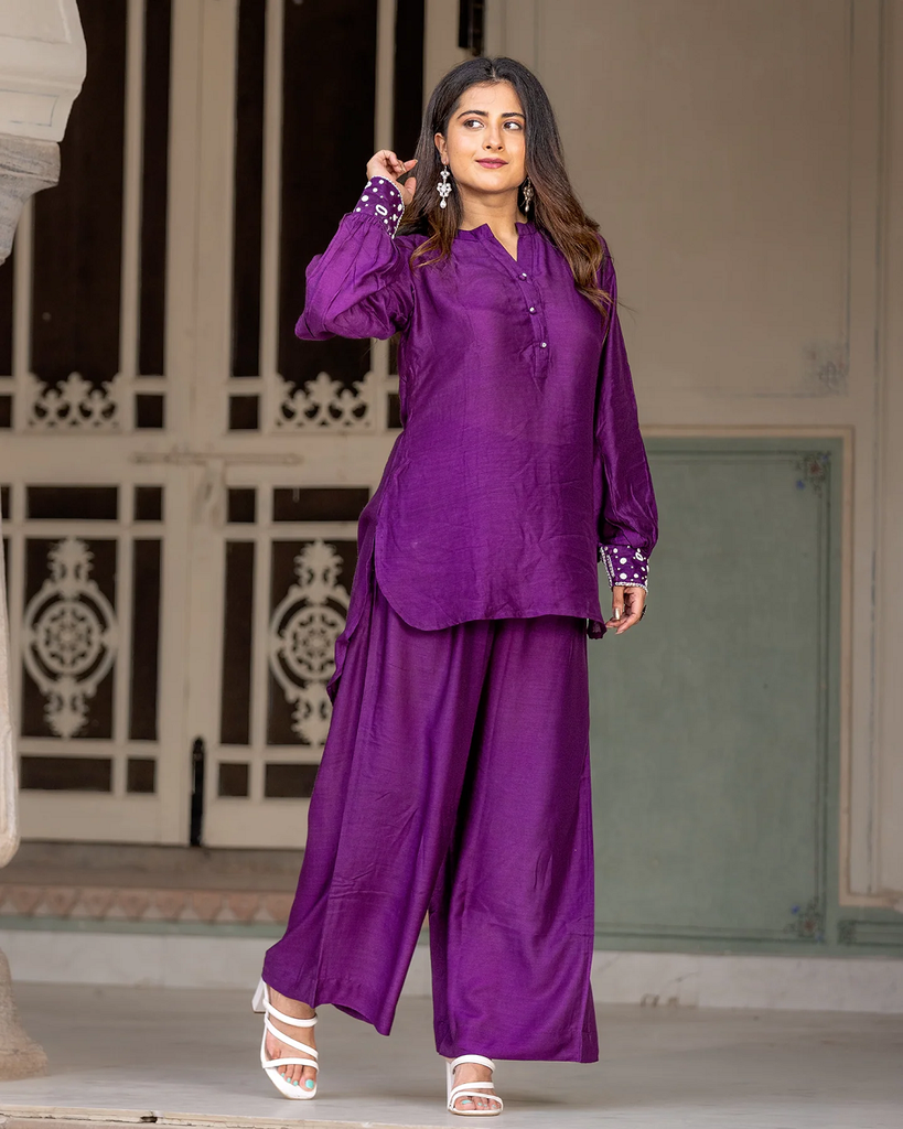 PURPLE EMBROIDERED SILK KURTA SET