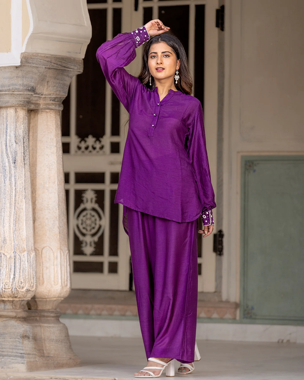 PURPLE EMBROIDERED SILK KURTA SET