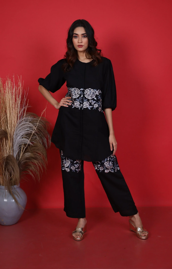 SOPHIA BLACK EMBROIDERED CO-ORD SET