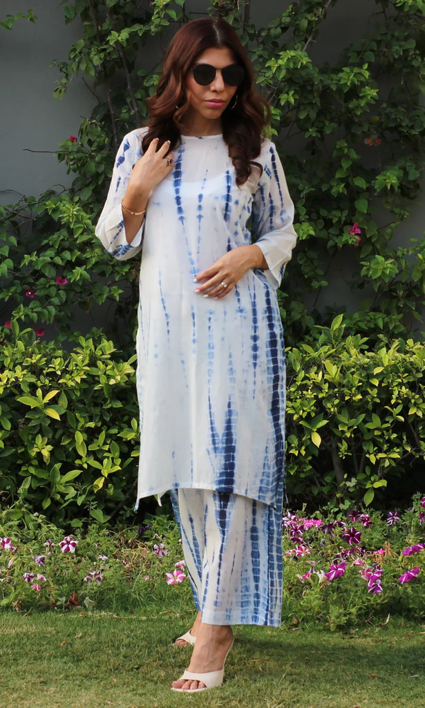 Cotton Mul Tie and Dye White and Blue Coord Set