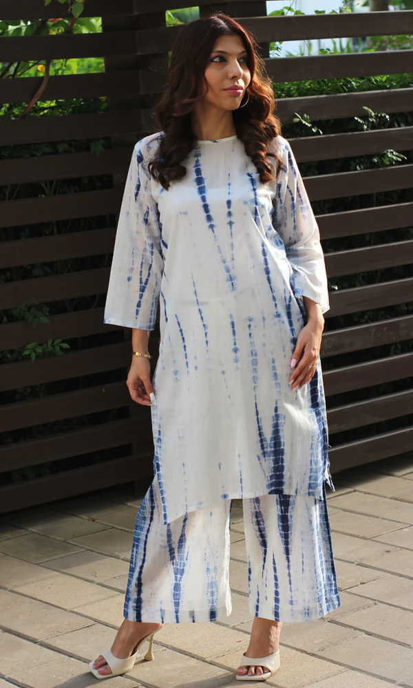 Cotton Mul Tie and Dye White and Blue Coord Set