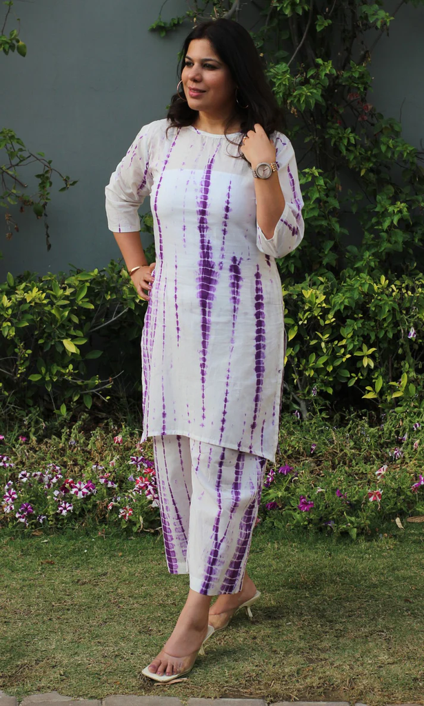 Cotton Mul Tie and Dye White and Purple Coord Set