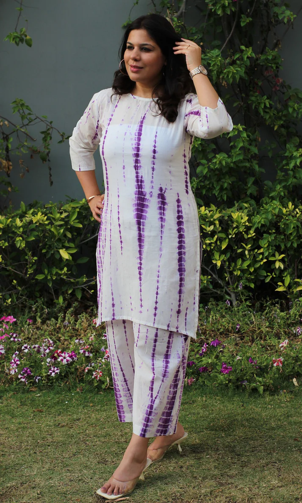 Cotton Mul Tie and Dye White and Purple Coord Set