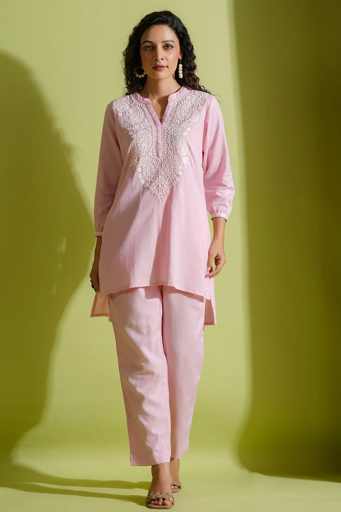 PINK ASYMMETRICAL COTTON THREAD EMBROIDERED KURTI PANT SET