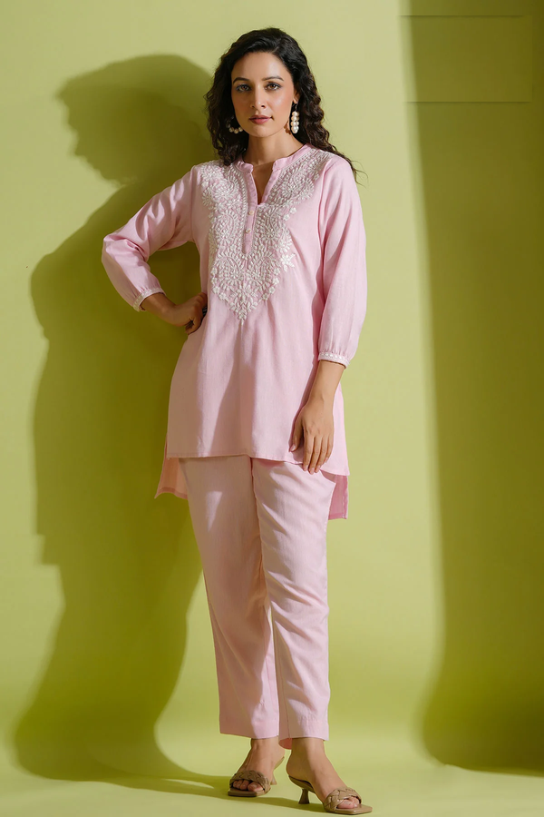 PINK ASYMMETRICAL COTTON THREAD EMBROIDERED KURTI PANT SET