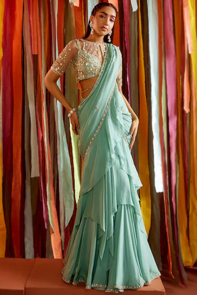 Mint Blue Satin Georgette Embroidered Party Wear Ruffle Eid Saree