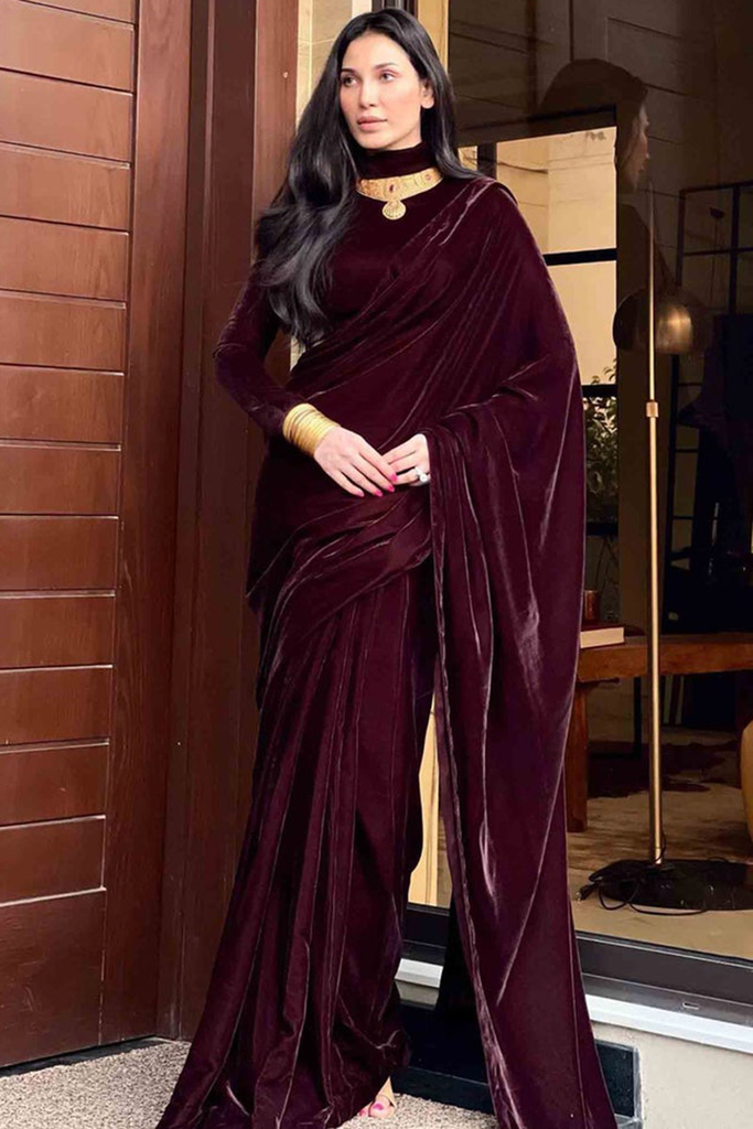 Plain Velvet Wine Maroon Saree