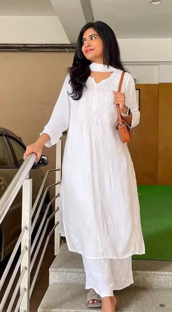 Chikankari Rayon Kurti Palazzo Set With Dupatta