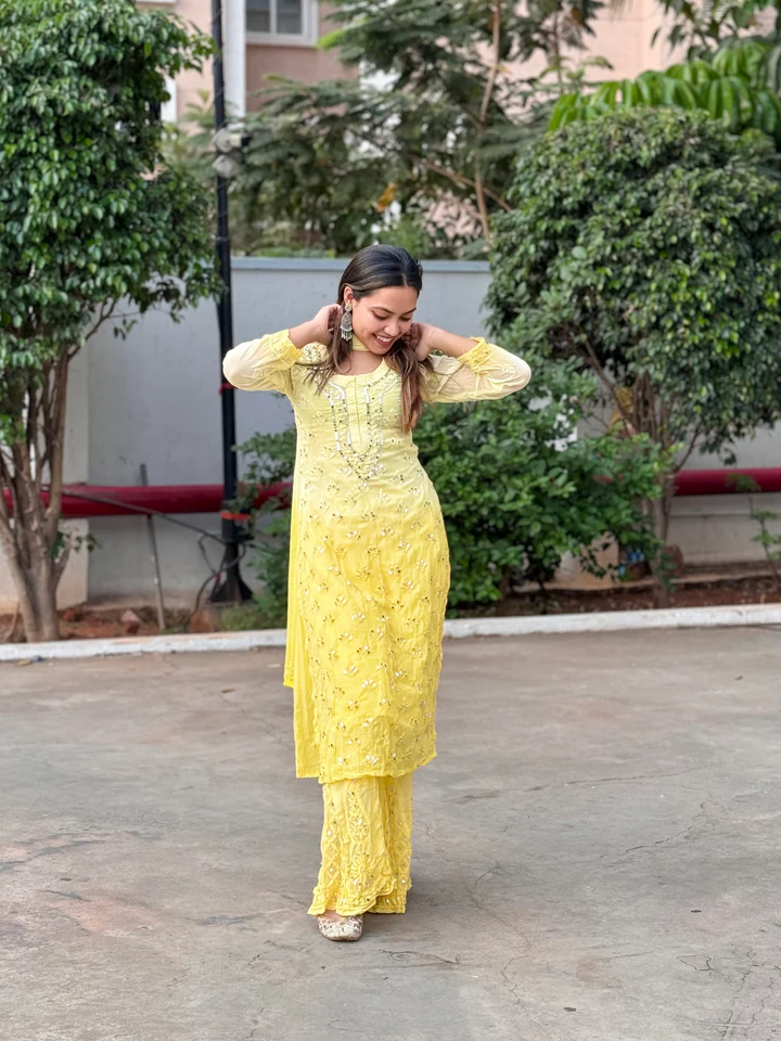 Yellow Ombre Mirror Work Chikankari Sharara Set(Celebrity Inspired)