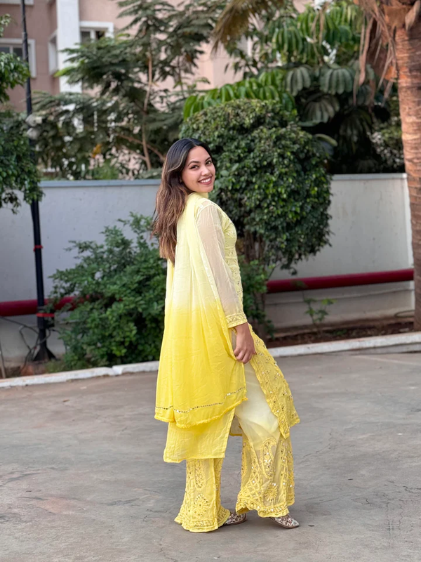 Yellow Ombre Mirror Work Chikankari Sharara Set(Celebrity Inspired)