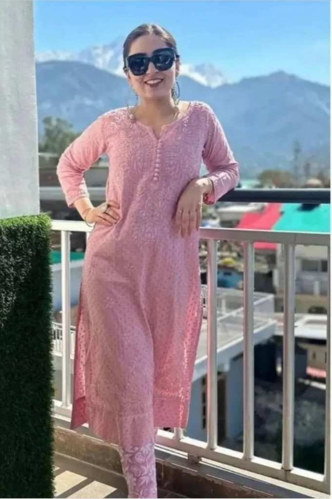 Baby Pink Chikankari Kurti Pant Set