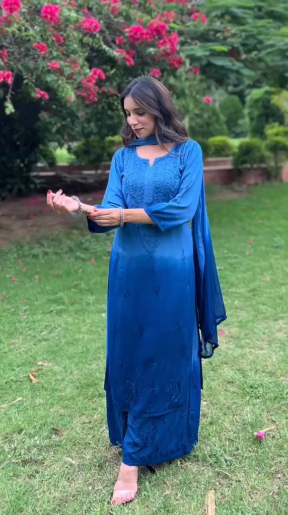 Blue Chikankari Rayon Kurti Palazzo Set With Dupatta