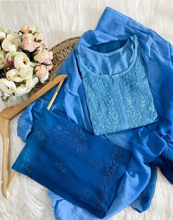 Blue Chikankari Rayon Kurti Palazzo Set With Dupatta