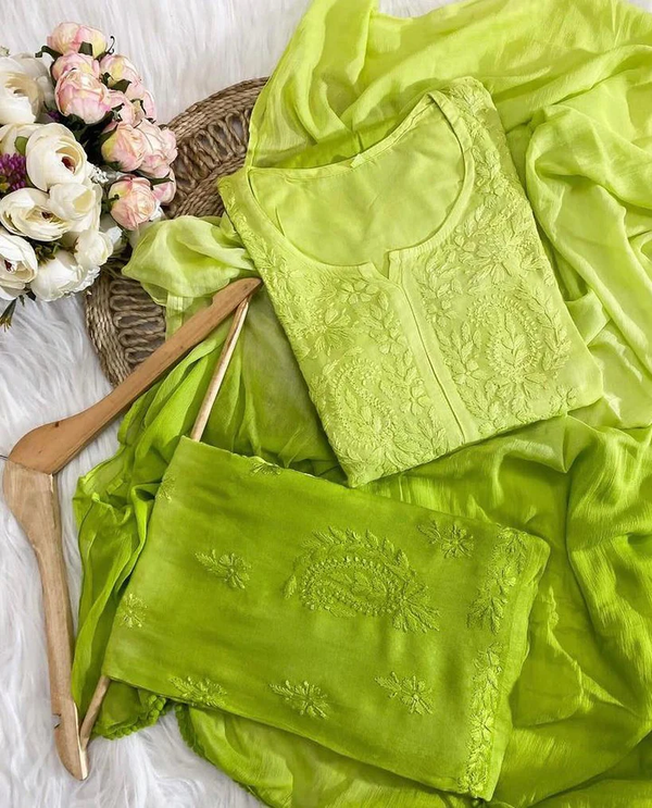 Green Chikankari Rayon Kurti Palazzo Set With Dupatta