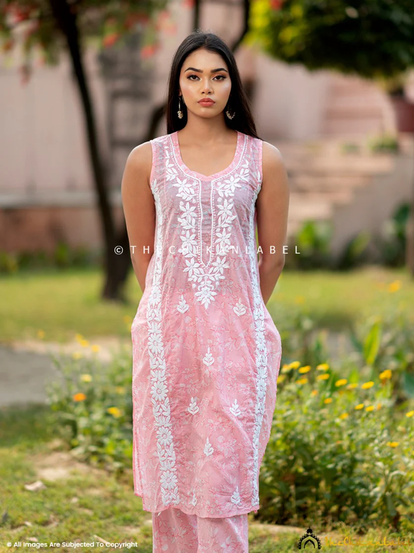 PEACH AANYA COTTON CHIKANKARI KURTA SET