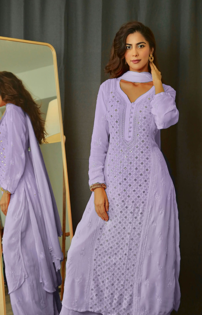 Lavender Lily Ring Work Chikankari Kurta Set