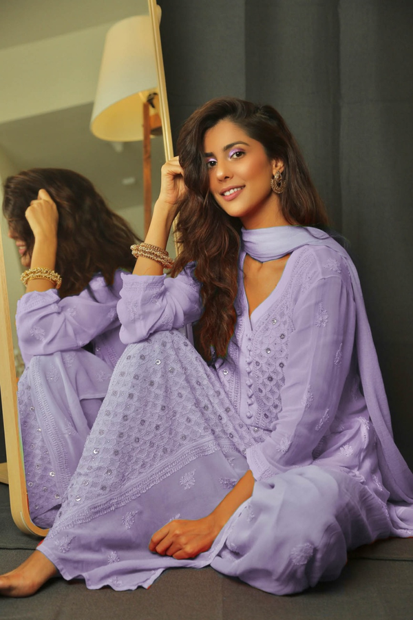 Lavender Lily Ring Work Chikankari Kurta Set