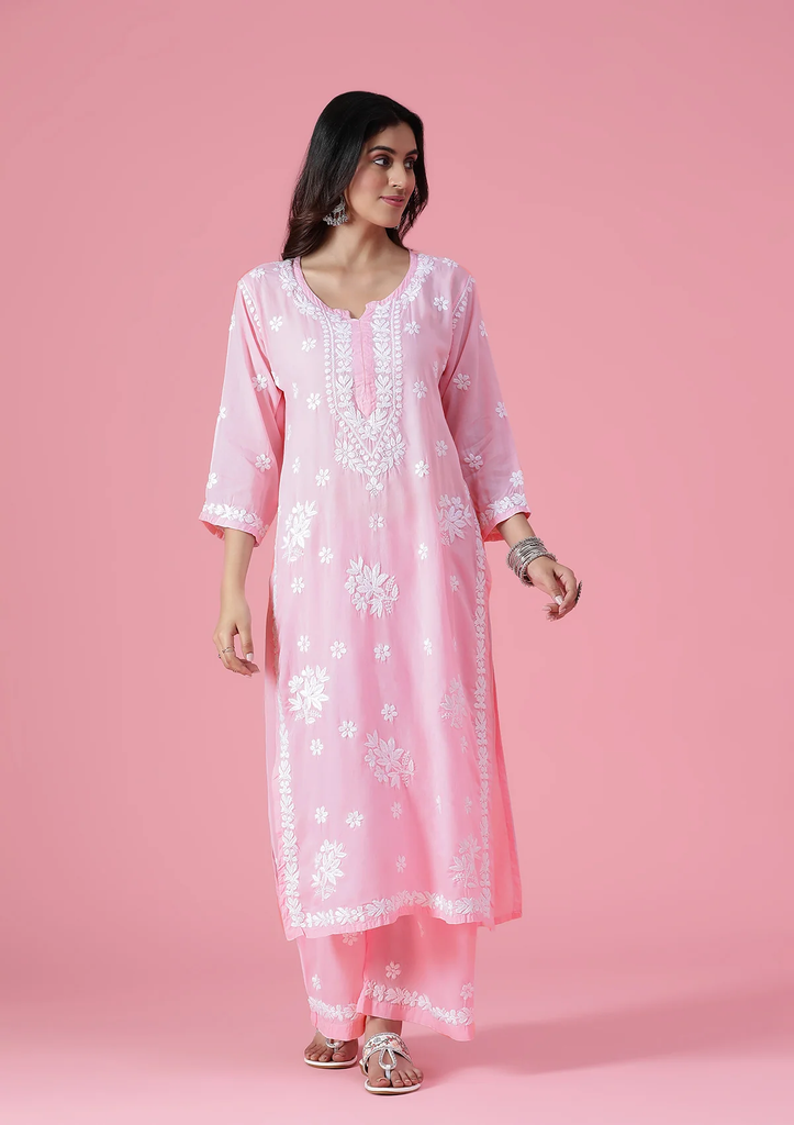 Modal Chikankari Solid Women's 2 PC Long Kurta Set - Pink