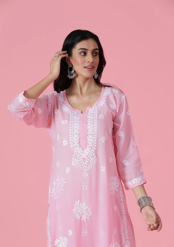 Modal Chikankari Solid Women's 2 PC Long Kurta Set - Pink