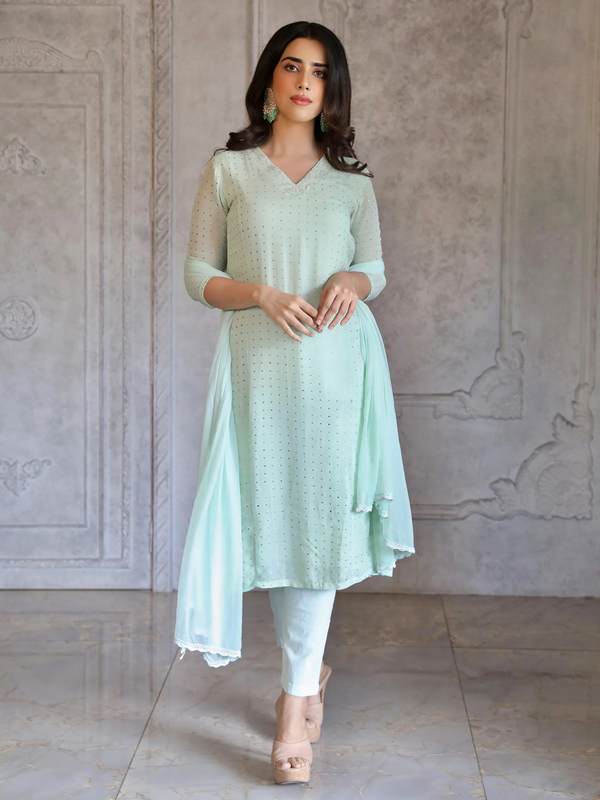 Sage Tea Chikankari & Mukaish A-Line Kurta Set