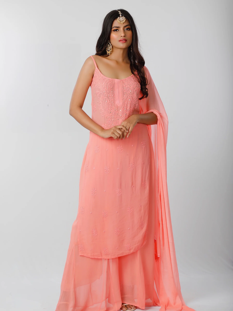 Peach Rosé Strappy Chikankari Kurta Set