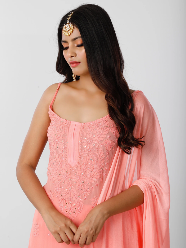 Peach Rosé Strappy Chikankari Kurta Set