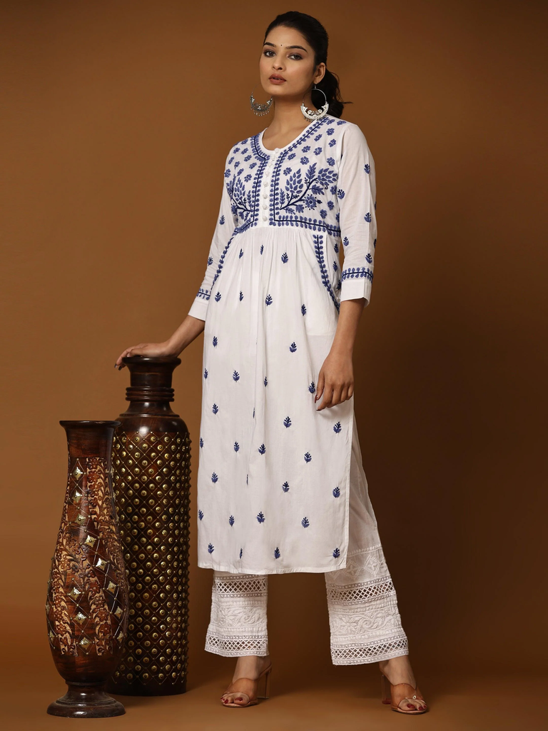 Chikankari Kurta Set With Pocket - White With Blue