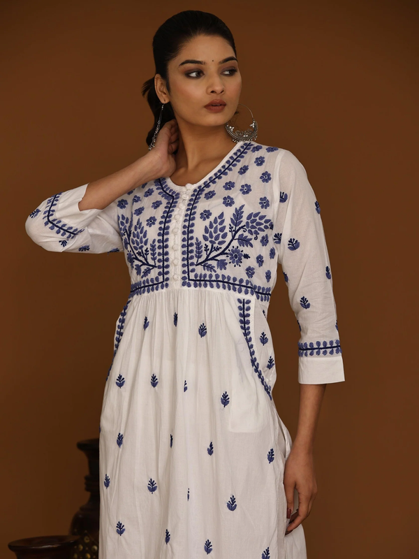 Chikankari Kurta Set With Pocket - White With Blue