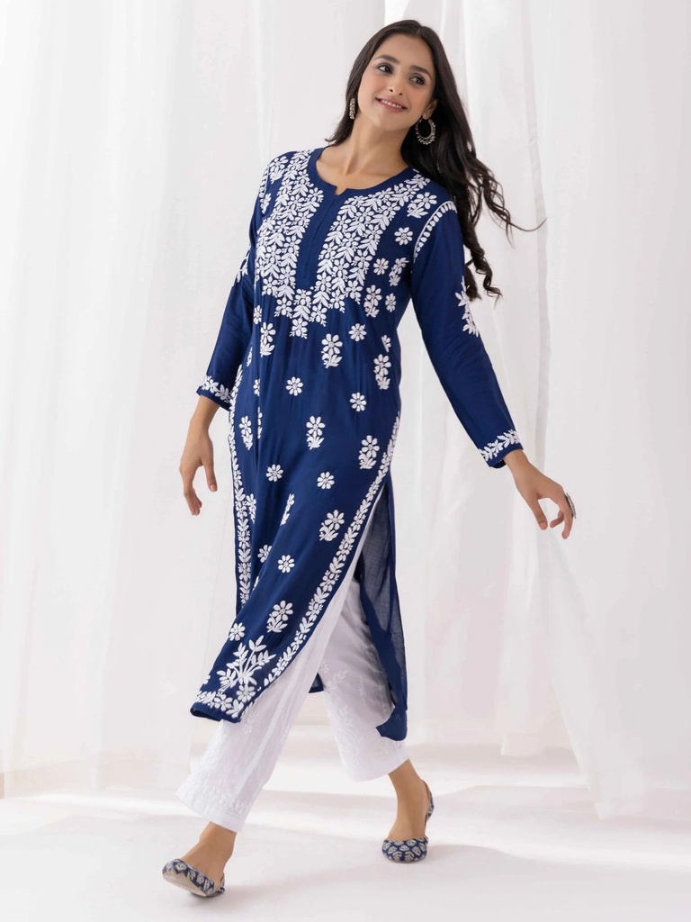 chikankari Kurta Set in Modal cotton Blue