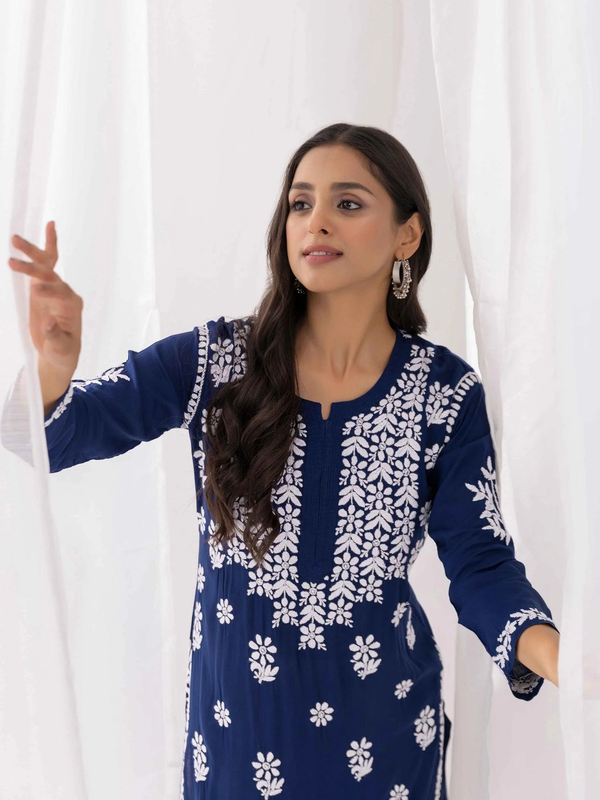 chikankari Kurta Set in Modal cotton Blue