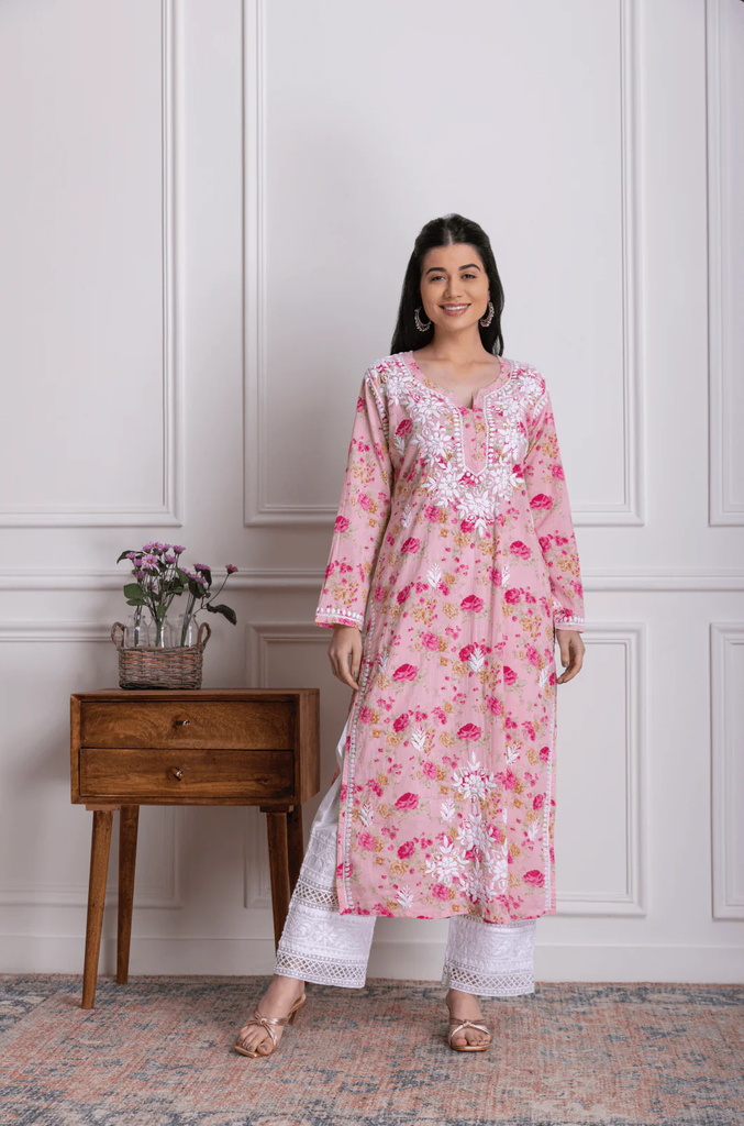 Mul Printed Hand Embroidery Chikankari Kurta Set- Pink