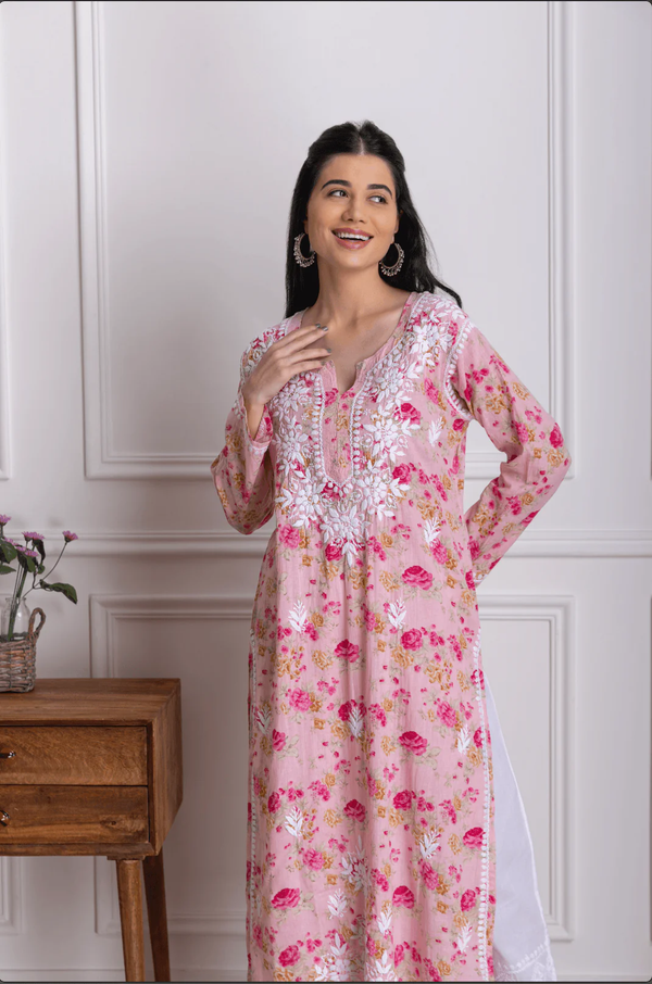 Mul Printed Hand Embroidery Chikankari Kurta Set- Pink