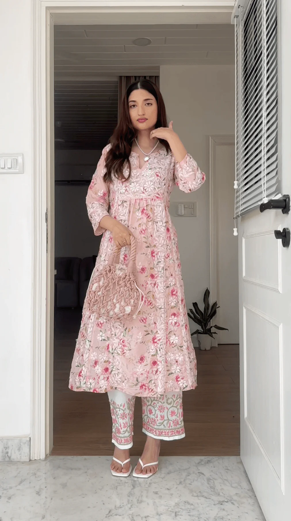 Chikankari Long Kurta Set in Muslin Cotton for Women- Pink Print