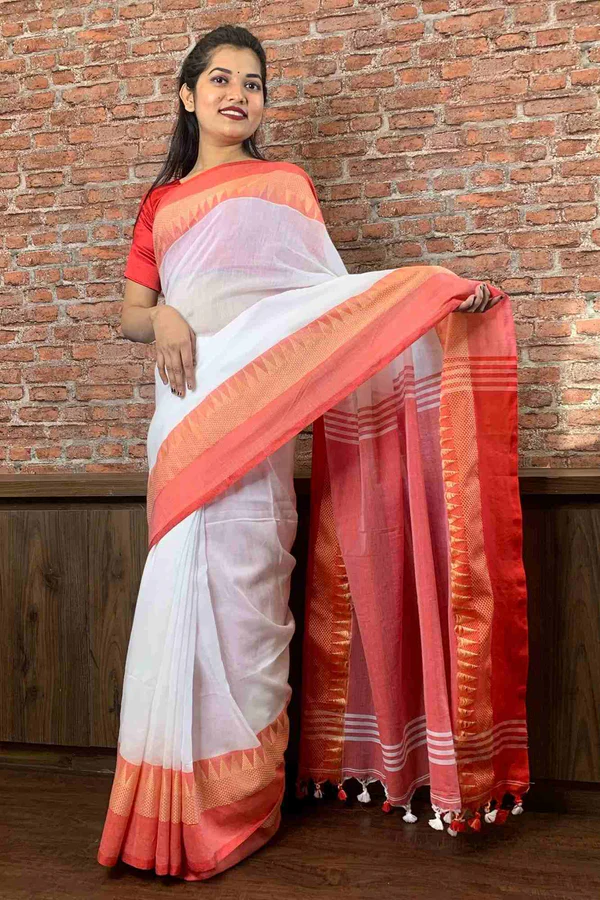 Woven temple border cotton wrap in 1 minute saree