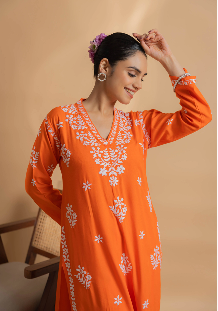 Cotton Blossom Chikankari V-Neck Kurta Set - Orange