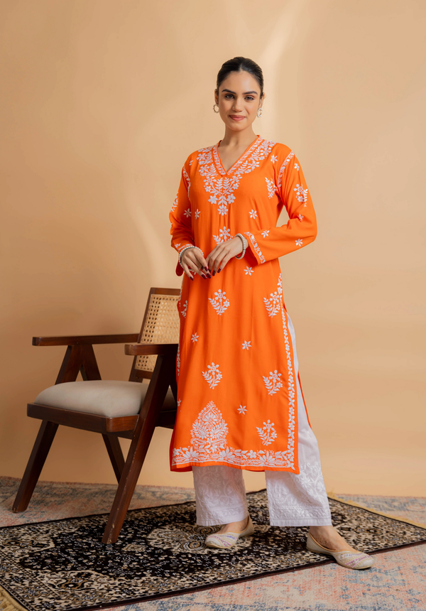 Cotton Blossom Chikankari V-Neck Kurta Set - Orange