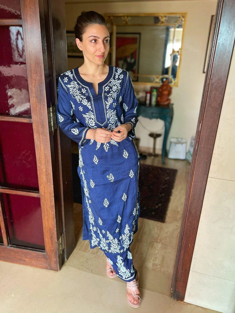 Embroidery Chikankari CO-ORD set for Women In Navy Blue