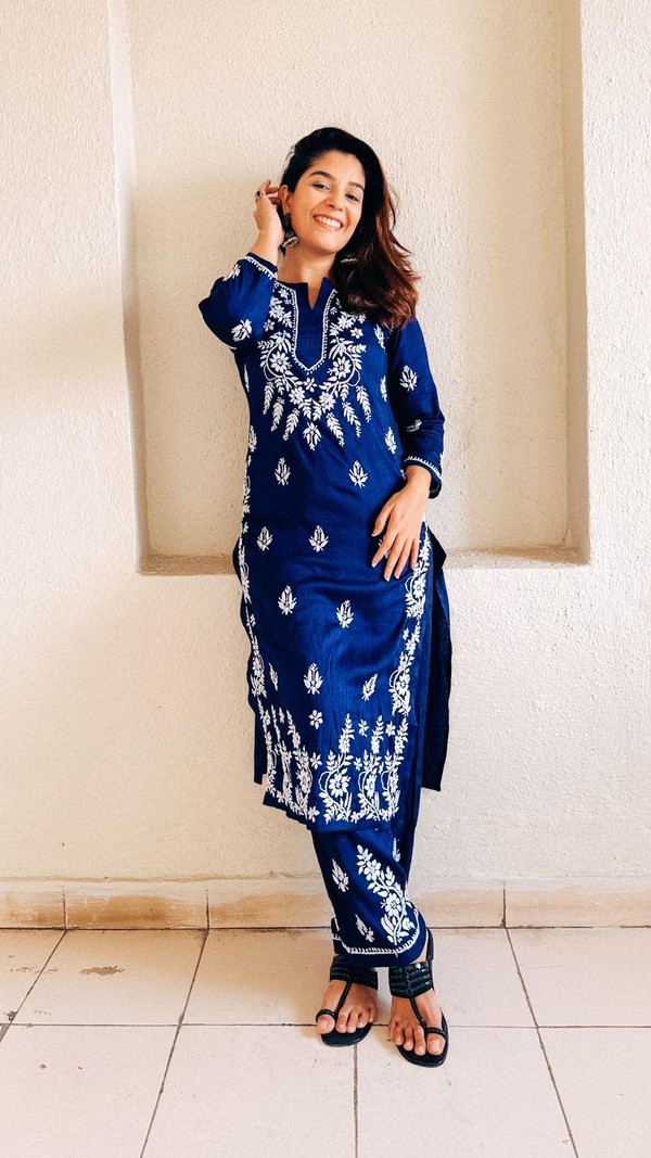 Embroidery Chikankari CO-ORD set for Women In Navy Blue