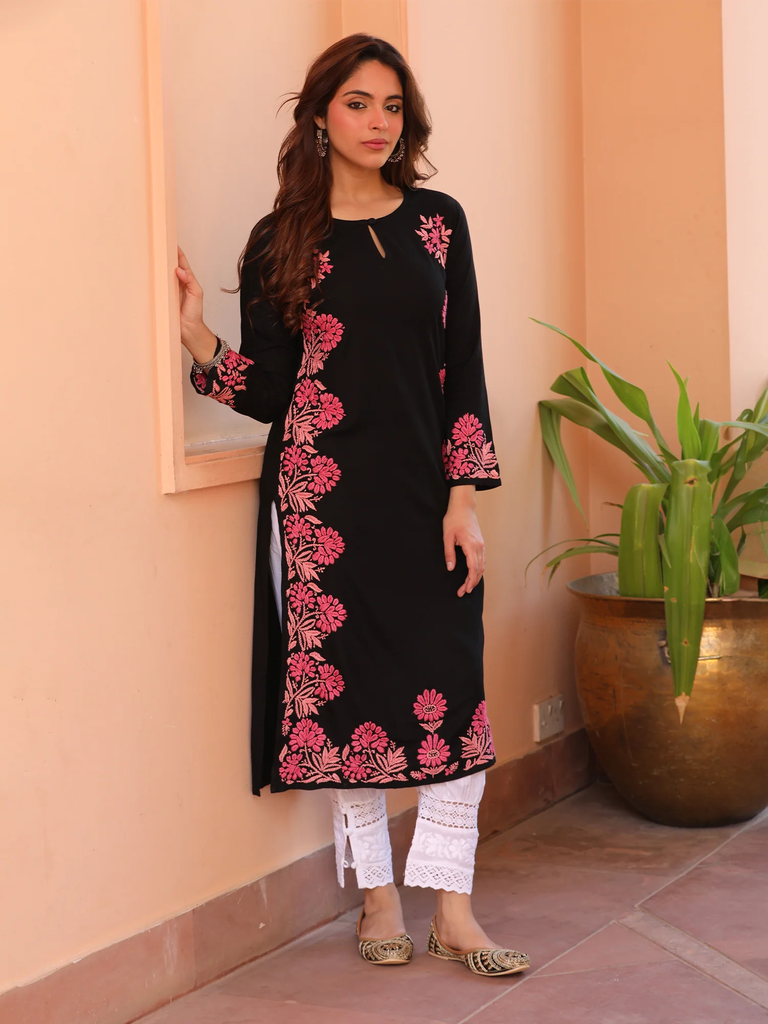 Chikankari Kurta Set in Rayon cotton - Black